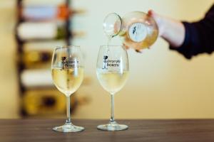 a person pouring a glass of white wine at Casa Domeniile Vinului in Aiud