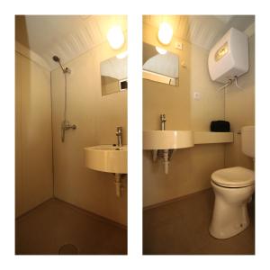 twee foto's van een badkamer met toilet en wastafel bij Camping Marina Eemhof in Zeewolde