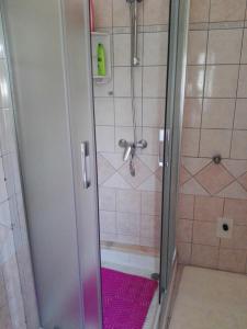 a shower with a glass door and a pink rug at Casa Catena in Francavilla di Sicilia