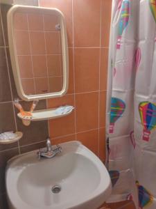 a bathroom with a sink and a mirror and a shower at Hotel Vivat in Velikodolinskoye