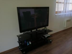 un televisor de pantalla plana sentado en un puesto negro en Pohoda v Říčkách, en Říčky