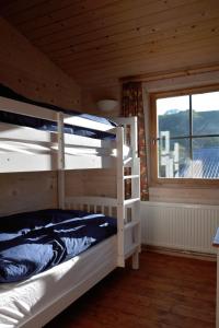 a bedroom with two bunk beds and a window at Log Cabin in Brecon