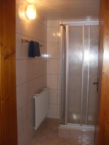 a shower with a glass door in a bathroom at Bloserhof Hauser in Zellberg
