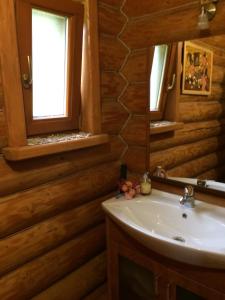 W łazience znajduje się umywalka i lustro. w obiekcie Kazkova khatynka w mieście Bushtyno