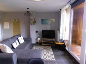 ein Wohnzimmer mit einem Sofa und einem TV in der Unterkunft Studio Le Vedeur avec balcon vue sur rivière in Durbuy