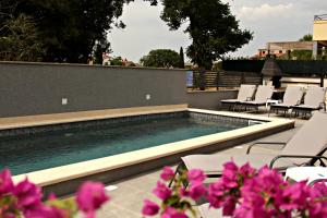 a swimming pool with chairs and purple flowers at Holiday house Veli vrh in Pula