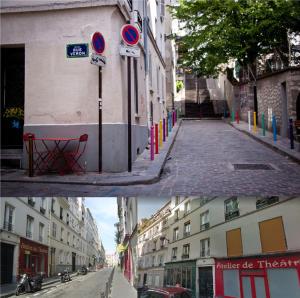 two pictures of a city street with a street sign at Montmartre Lovely in Paris
