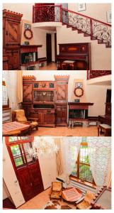 リヴィウにあるVilla ILonaの木製のドアとテーブルのあるキッチンの写真2枚