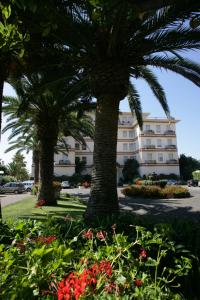 dwie palmy i kwiaty przed budynkiem w obiekcie Grand Hotel Fagiano Palace w mieście Formia