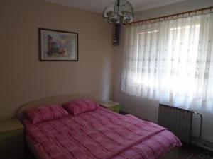 ein Schlafzimmer mit einem Bett mit einer rosa Decke und einem Fenster in der Unterkunft Apartment Goran in Ohrid