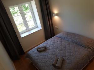 un dormitorio con una cama y una ventana en Amber Wind Apartment, en Juodkrantė