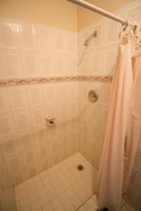 a bathroom with a shower with a shower curtain at Sea View Chateau in Montego Bay