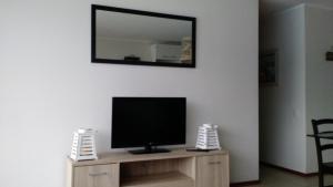 TV en un armario de madera con espejo en Apartamento Papudo Laguna 511B, en Papudo