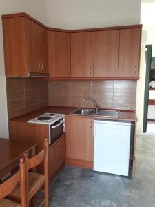 a kitchen with wooden cabinets and a sink and a stove at Ouranias Studios in Kardamyli
