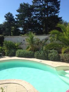 a large swimming pool in a yard with plants at La Maison rose in Portbail