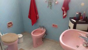 La salle de bains est pourvue de toilettes roses et d'un lavabo. dans l'établissement Orquidea Hospedagem, à Cachoeira Paulista