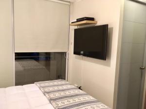 um quarto com uma televisão de ecrã plano e uma cama em Moneda Express Apart em Santiago