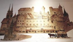 a painting of a castle with a horse drawn carriage at Pension Im Bett in Nürnberg