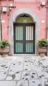 una porta in un edificio rosa con due piante in vaso di Angelo's House a Napoli
