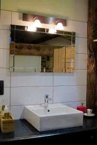 a bathroom with a white sink and a mirror at La Blanchisserie in Le Puy-Saint-Bonnet