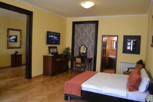 ブラショヴにあるCasa Republiciiのベッドルーム(ベッド1台、鏡付)