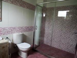 a bathroom with a toilet and a glass shower at Casa das Ginjas in São Vicente