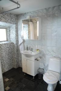 a bathroom with a sink and a toilet and a mirror at Hotel Sven Vintappare in Stockholm