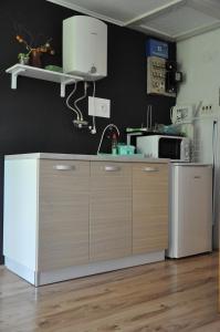 - une cuisine avec des placards en bois et un réfrigérateur blanc dans l'établissement Apartment Marioni, à Buzet