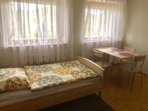 een kleine slaapkamer met een bed en een tafel bij Mainzimmer Business Appartment - Monteurwohnung mit Burgblick in Wertheim