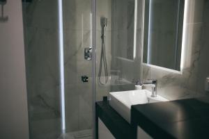 a bathroom with a sink and a shower at Grey Apartment Kołowa in Krakow +11 photos