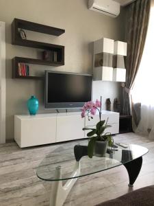 - un salon avec une télévision et une table en verre dans l'établissement Apartments on Bunina 28, à Odessa