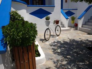 una bicicletta parcheggiata di fronte a un edificio con piante di Paradise Studios a Lisso (Lipsoi)