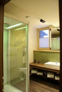 a bathroom with a glass shower and a sink at Appartementhaus Wetterloch in Lermoos