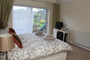 a bedroom with a bed and a large window at Laurels Guesthouse in Witney