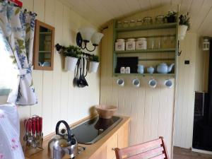 a kitchen with a sink and a shelf with utensils at The Buteland Stop Rosie off grid Shepherds Hut in Bellingham