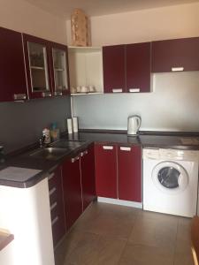 eine Küche mit roten Schränken und einer Waschmaschine in der Unterkunft Apartmán Augsten in Český Krumlov