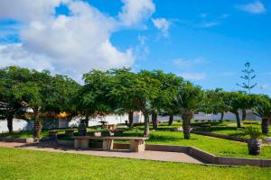 un parco con tavoli da picnic e alberi su un campo di Cozy apartment in Costa del Silencio a Costa Del Silencio