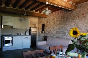 a kitchen and living room with a couch and a table at Appartamenti Cenni - Relais su Lago in Varsi
