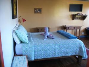 ラブラス・ノーヴァスにあるChales das Andorinhasのベッドルームのベッドに座る人形