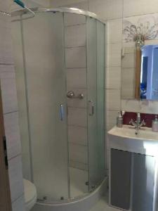 a bathroom with a glass shower and a sink at Apartament Puck in Puck
