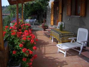 a patio with a table and chairs and red flowers at Casa Marisa in Bibbiena