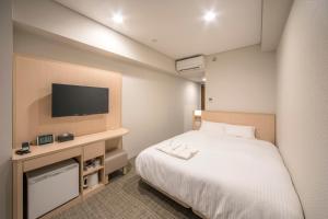 Sotetsu Fresa Inn Kyoto-Hachijoguchi في كيوتو: غرفة فندقية بسرير وتلفزيون بشاشة مسطحة
