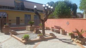 un patio con un árbol y bancos y un edificio en Il Rifugio di Dante, en Sinalunga