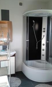 a bathroom with a shower with a stethoscope on the wall at Agroturystyka u Krystyny in Rybczewice