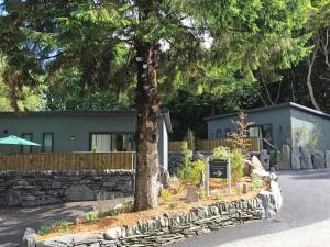 a building with a tree and a stone wall at Aberdunant Hall in Porthmadog