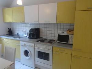 a kitchen with a stove and a microwave at Apartement Schönbach in Holzhausen