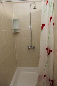 un bagno con tenda doccia e fiori di Guesthouse Zarasai a Zarasai