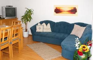 a living room with a blue couch and a television at Schartlhof in Flachau
