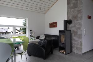a living room with a fireplace and a couch at Selke´s exklusives Ferienhaus in Clausthal-Zellerfeld