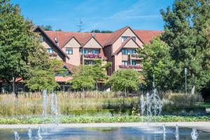 a building with a fountain in front of a pond at Hotel am Kurpark in Bad Hersfeld